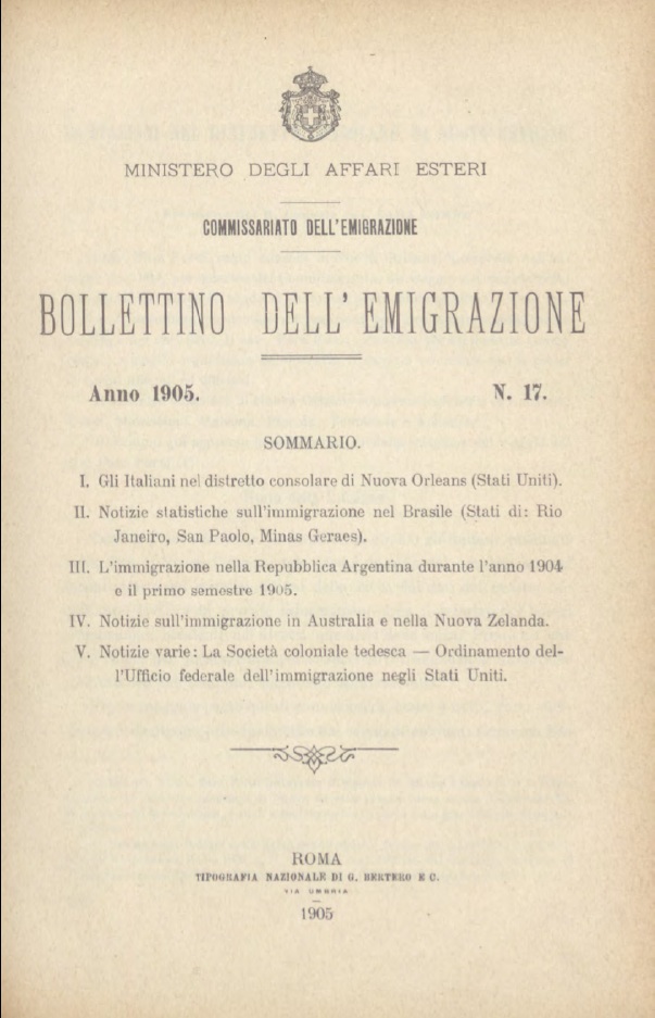 Bollettino Dell'Emigrazione 1905- n. 17