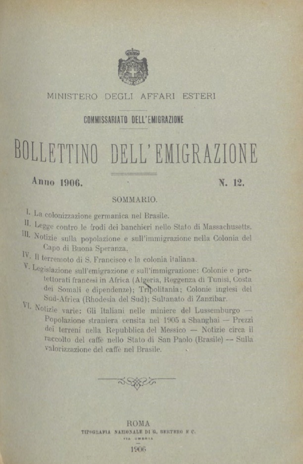 Bollettino Dell'Emigrazione 1906- n. 12