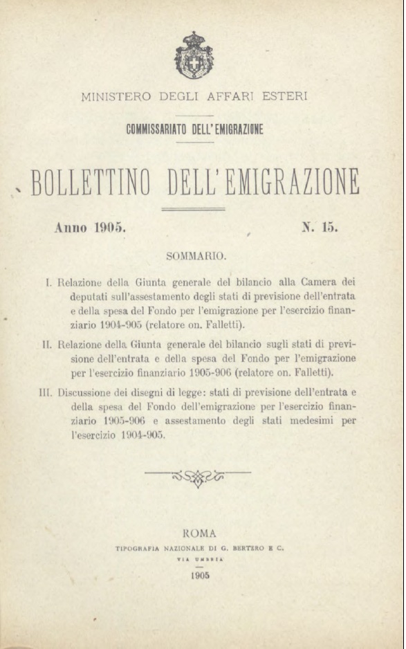 Bollettino Dell'Emigrazione 1905- n. 15