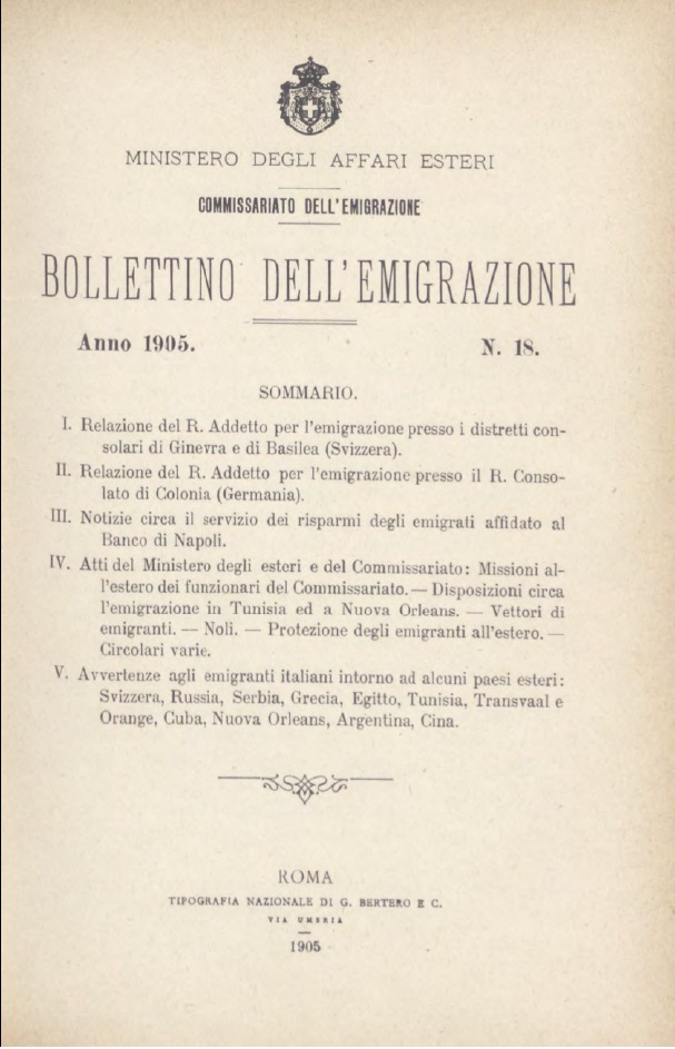 Bollettino Dell'Emigrazione 1905- n. 18