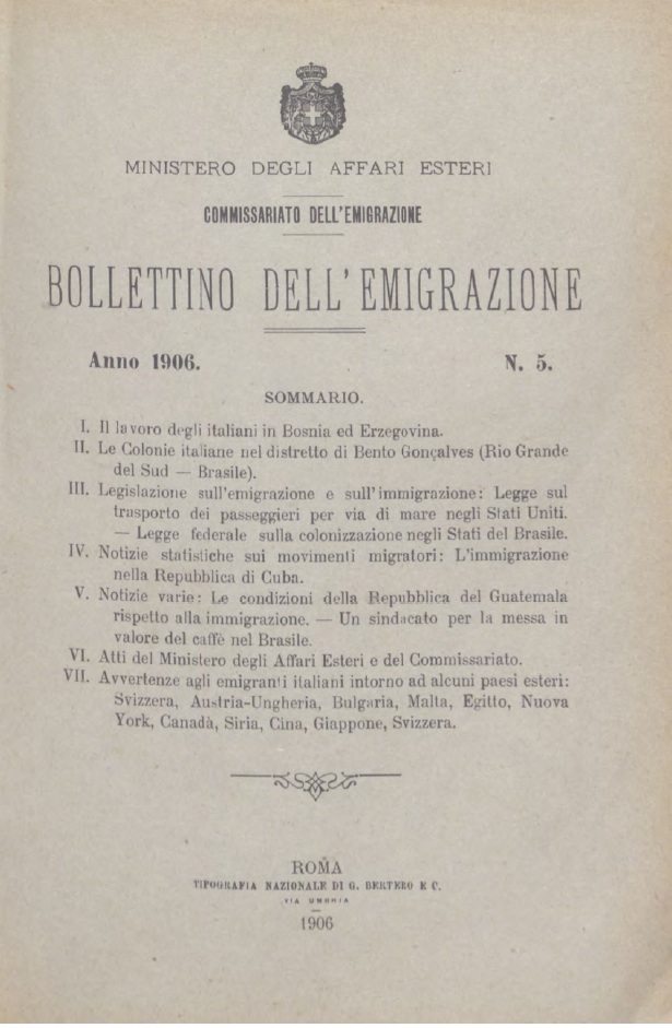 Bollettino Dell'Emigrazione 1906- n. 5