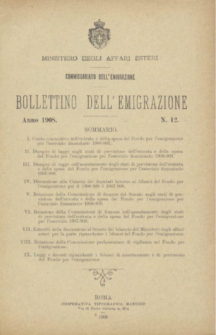 Bollettino Dell'Emigrazione 1908- n. 12