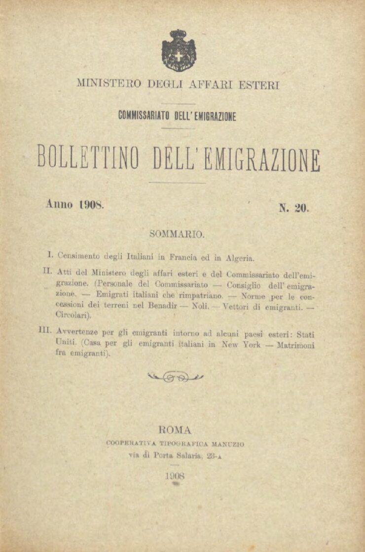 Bollettino Dell'Emigrazione 1908- n. 20