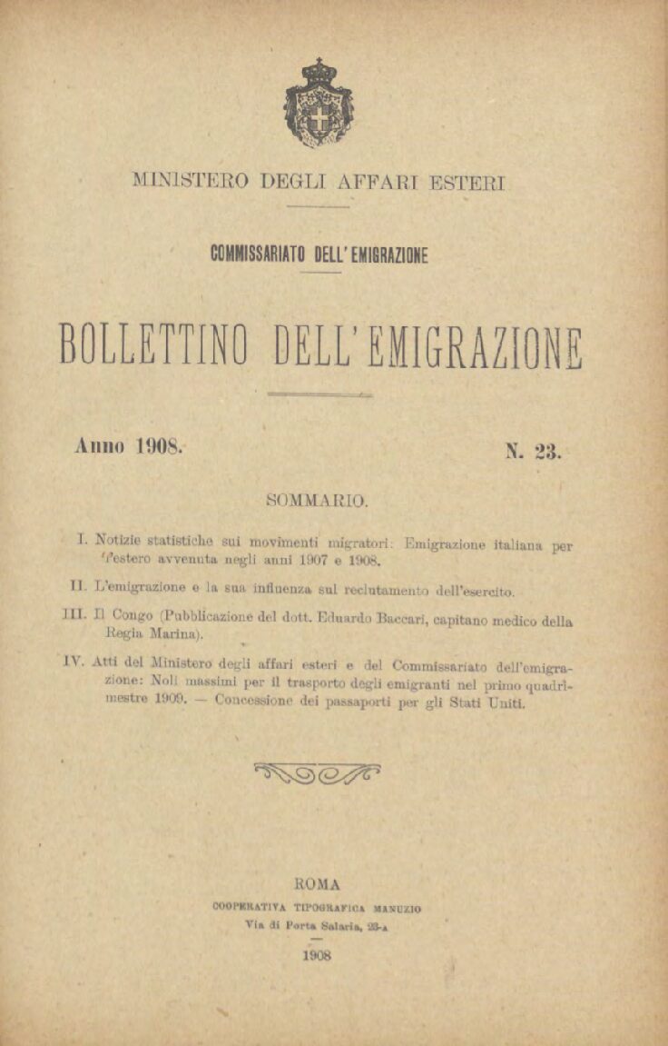 Bollettino Dell'Emigrazione 1908- n. 23