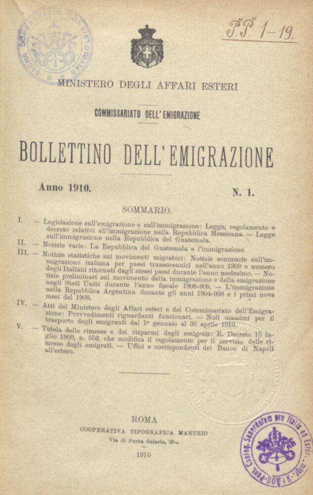 Bollettino Dell'Emigrazione 1910- n. 1