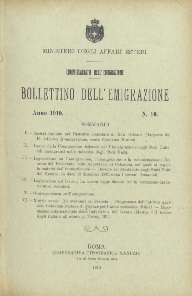Bollettino Dell'Emigrazione 1910- n. 10