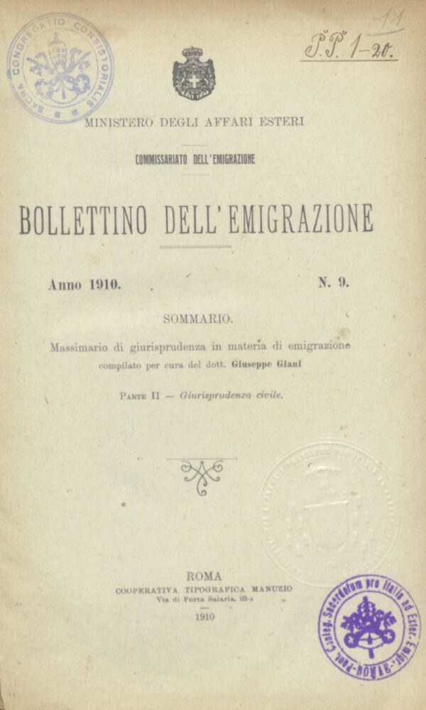 Bollettino Dell'Emigrazione 1910- n. 9