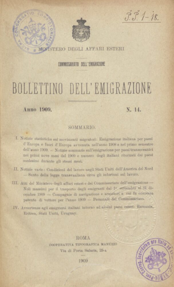 Bollettino Dell'Emigrazione 1909- n. 14