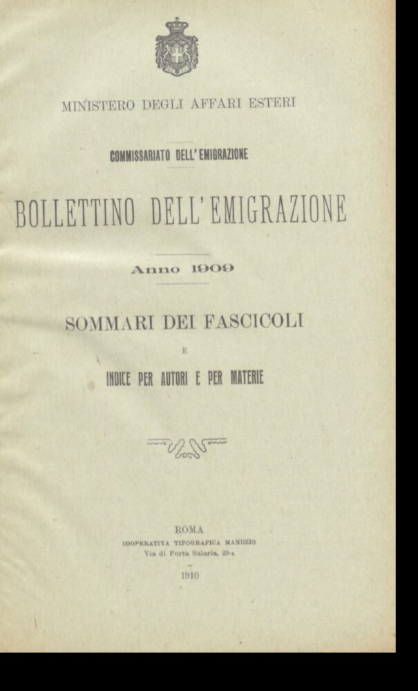 Bollettino Dell'Emigrazione 1909- Sommario