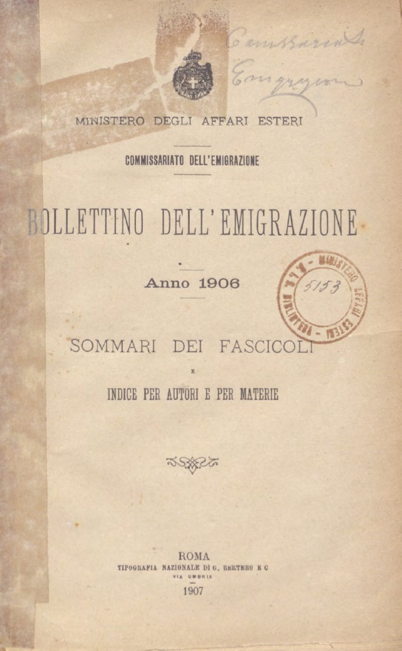 Bollettino Dell'Emigrazione 1906 - Sommario